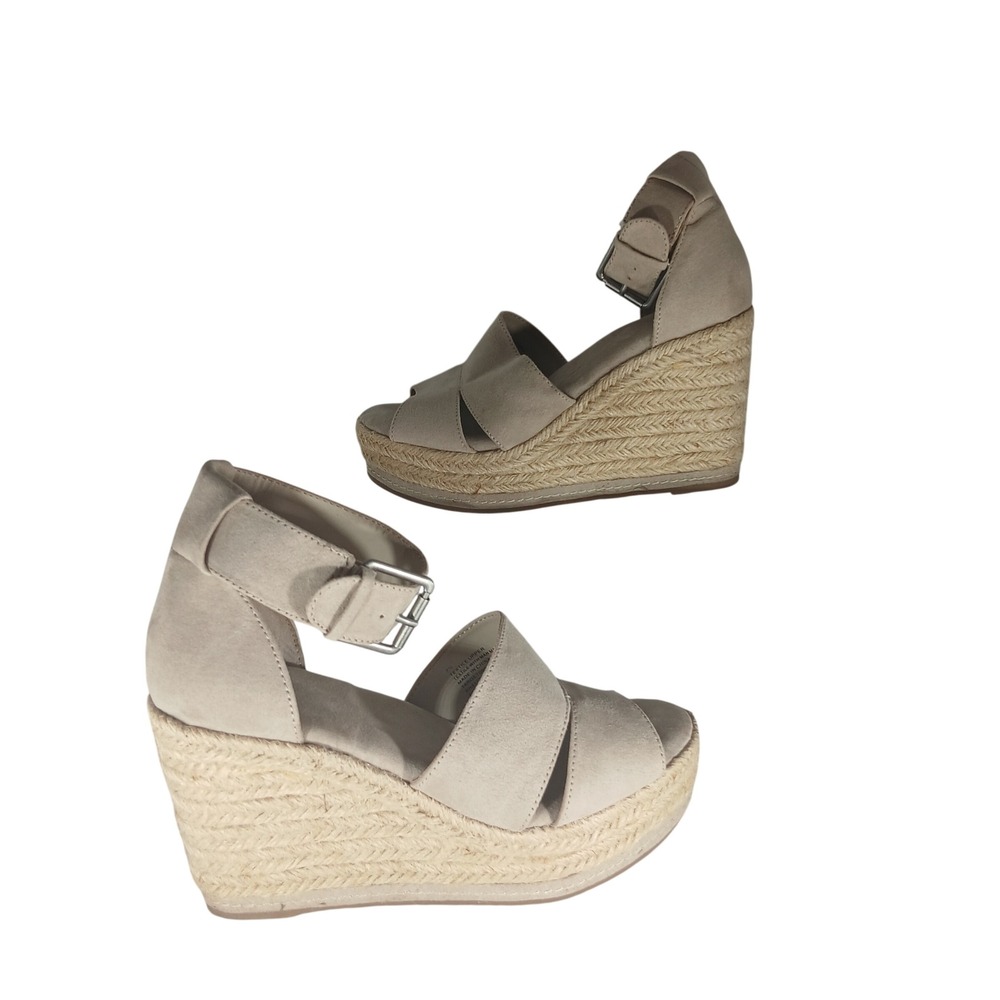 American Eagle Espadrille Wedge Sandals 7.5 Taupe Boho Platform Buckle Strappy